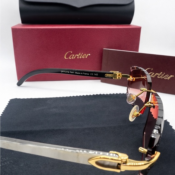 Cartier Rimless Rectangle Sunglasses Red Gradient Lenses Gold Frame - Picture 3 of 5